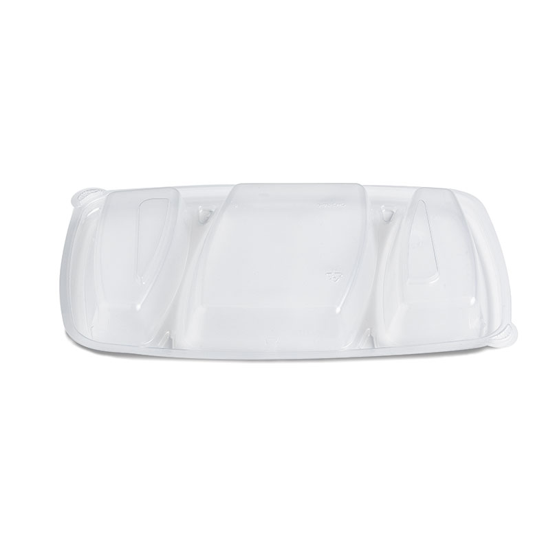 Clear plastic hinged takeout food container lid (top view)
