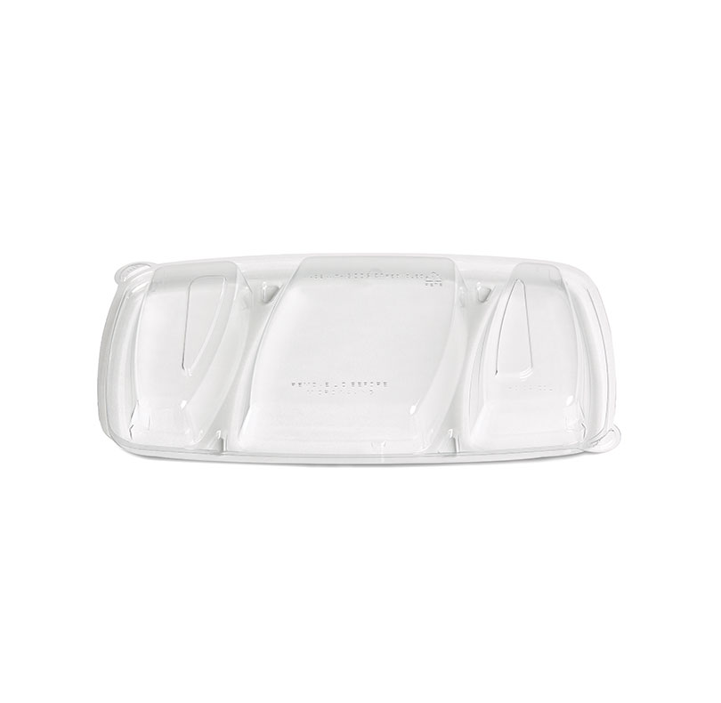 Clear plastic three-compartment food tray lid