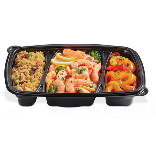 Three-compartment meal tray with couscous, lemon-garnished shrimp, and sliced peppers
