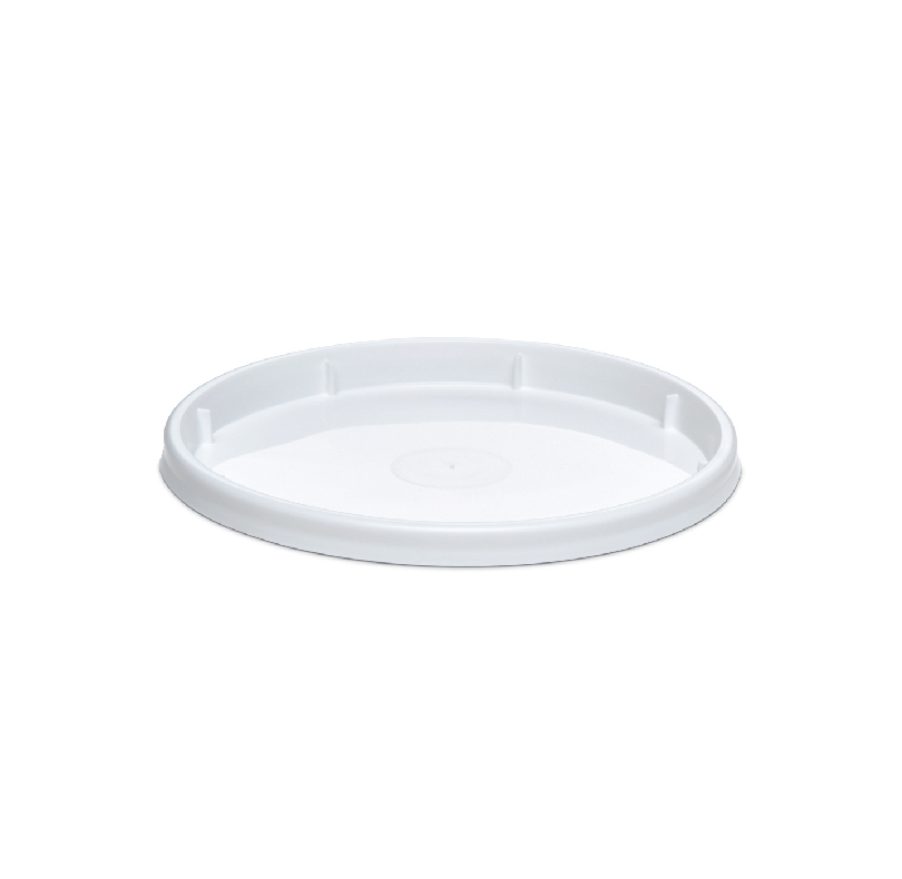 White shallow circular plastic tray with raised sides