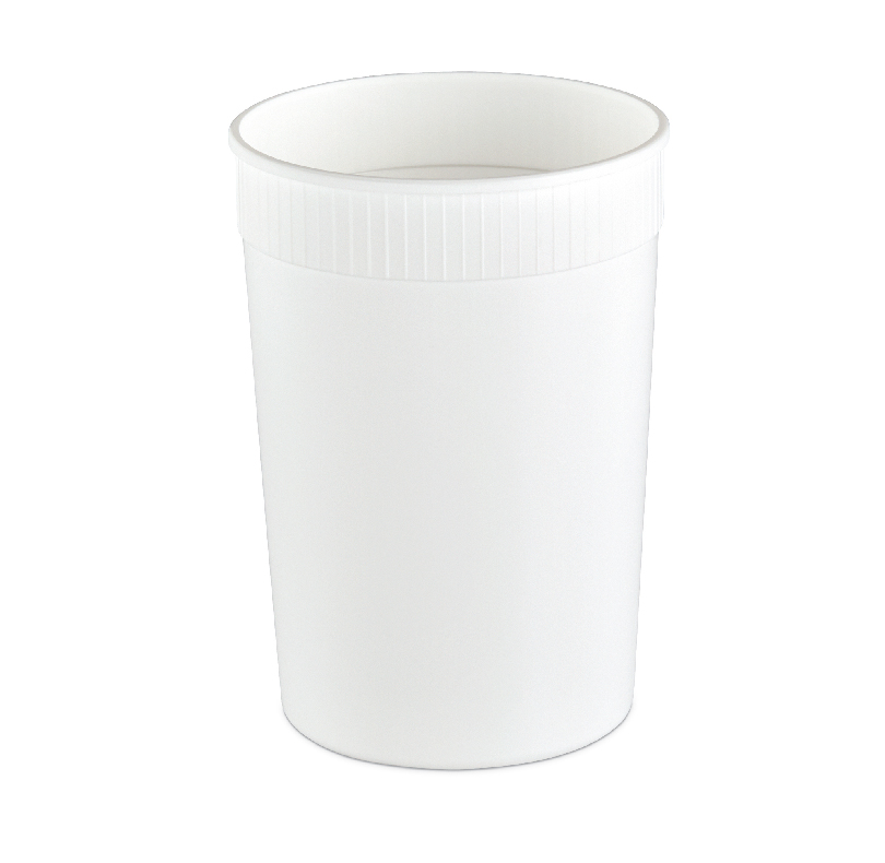 White plastic specimen container with a screw-top lid