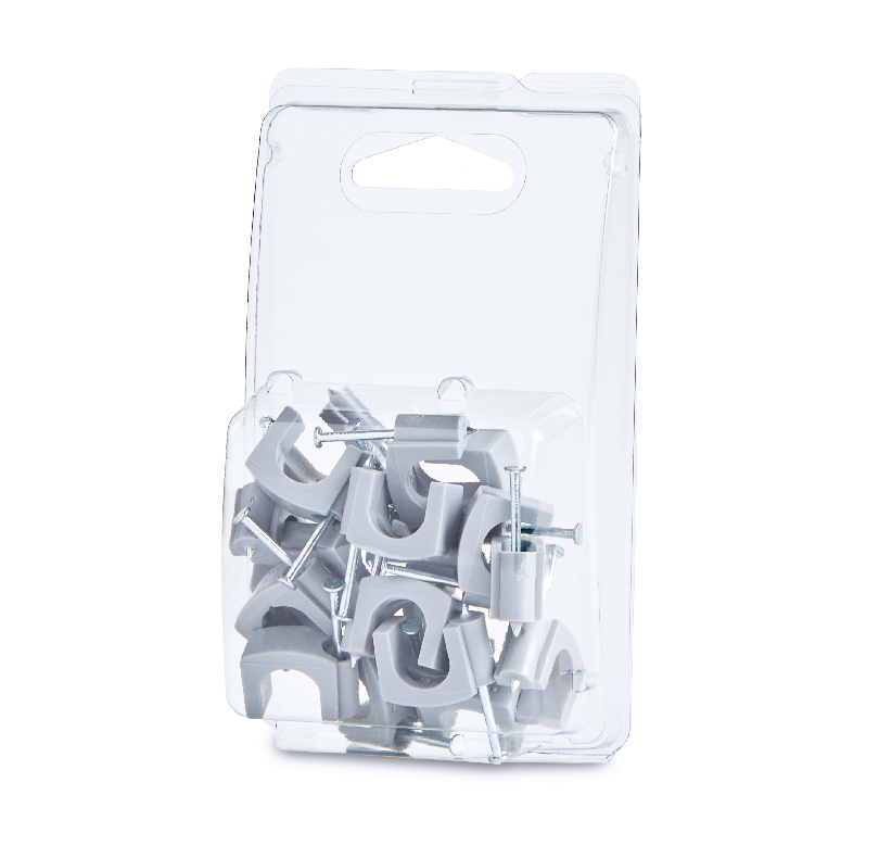 Package of assorted gray cable clips with screws