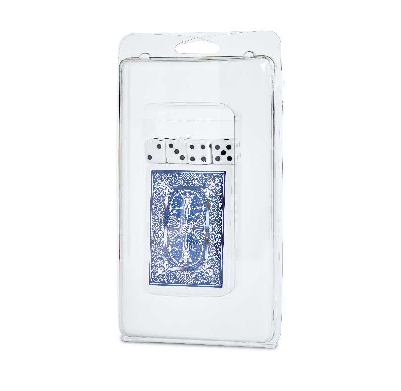Clear blister package containing a blue-backed playing card and four domino tiles