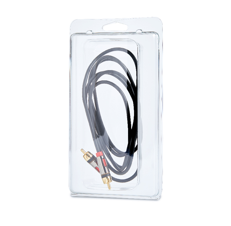 RCA audio cable with red and white connectors in clear retail packaging