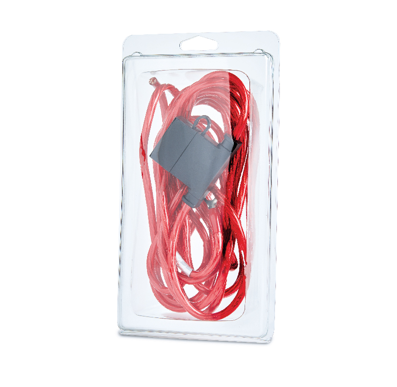 Red wired earbuds with an inline control, packaged in a clear plastic case