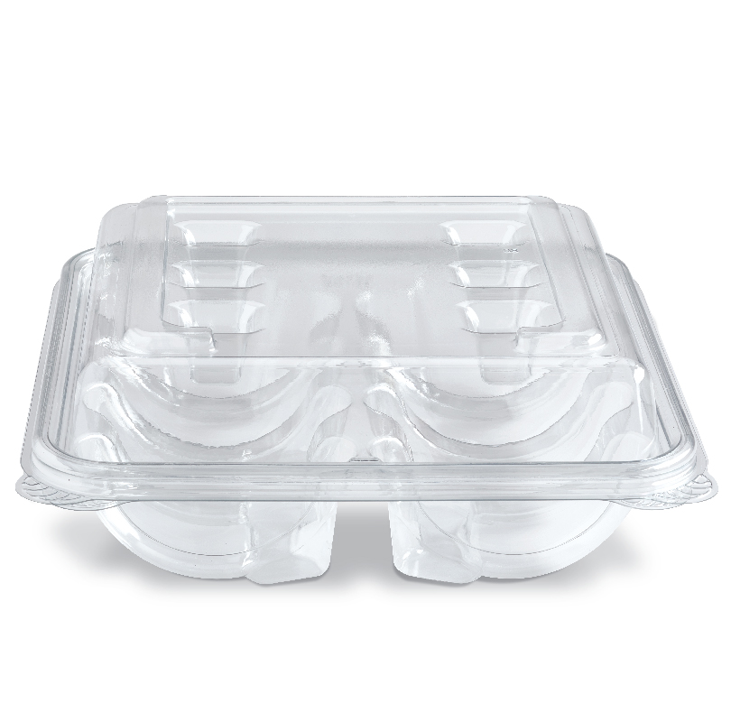 Clear plastic two-compartment food container with a hinged lid
