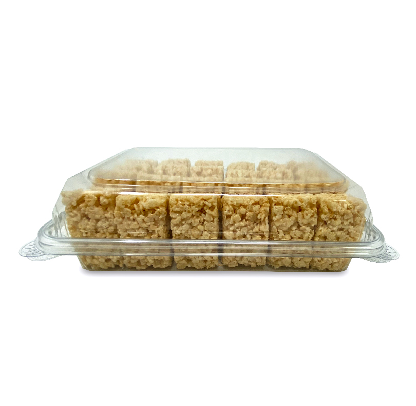 Tray of crispy rice cereal treats in a clear plastic container