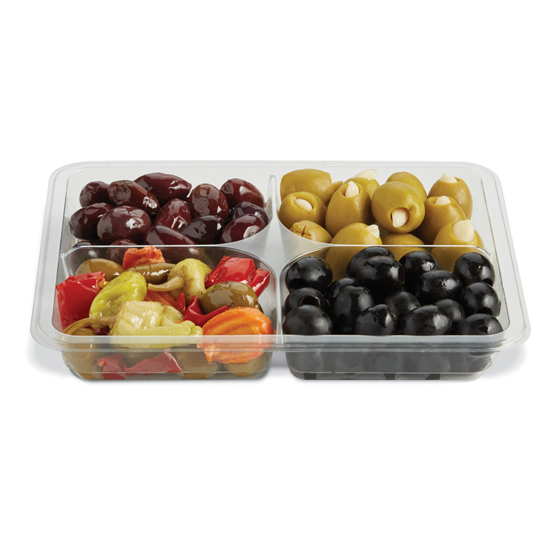 Four-compartment tray of kalamata, green, and black olives with mixed peppers