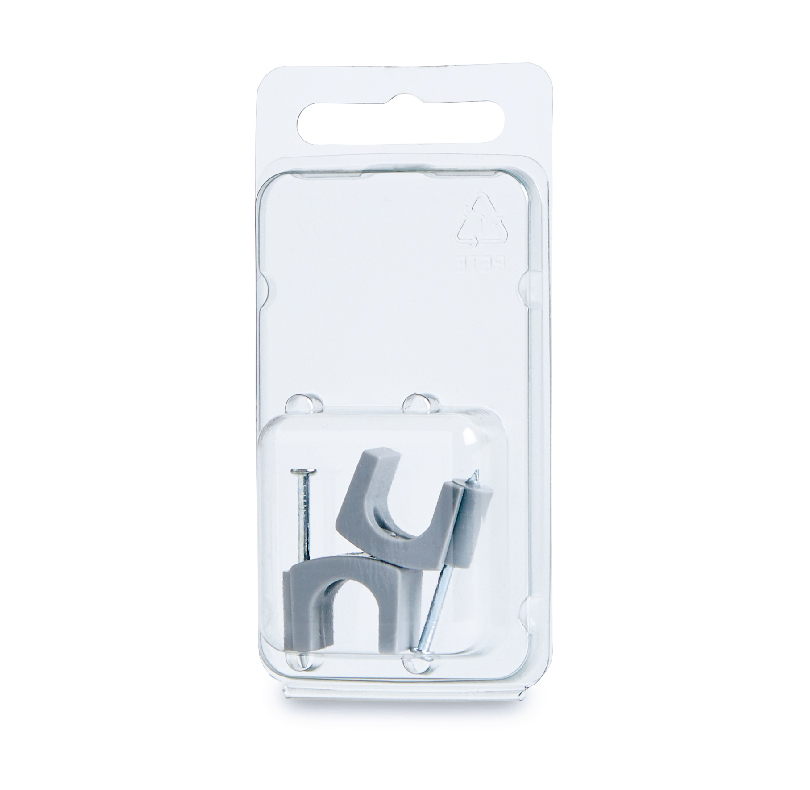 Pack of gray cable clips in clear plastic packaging