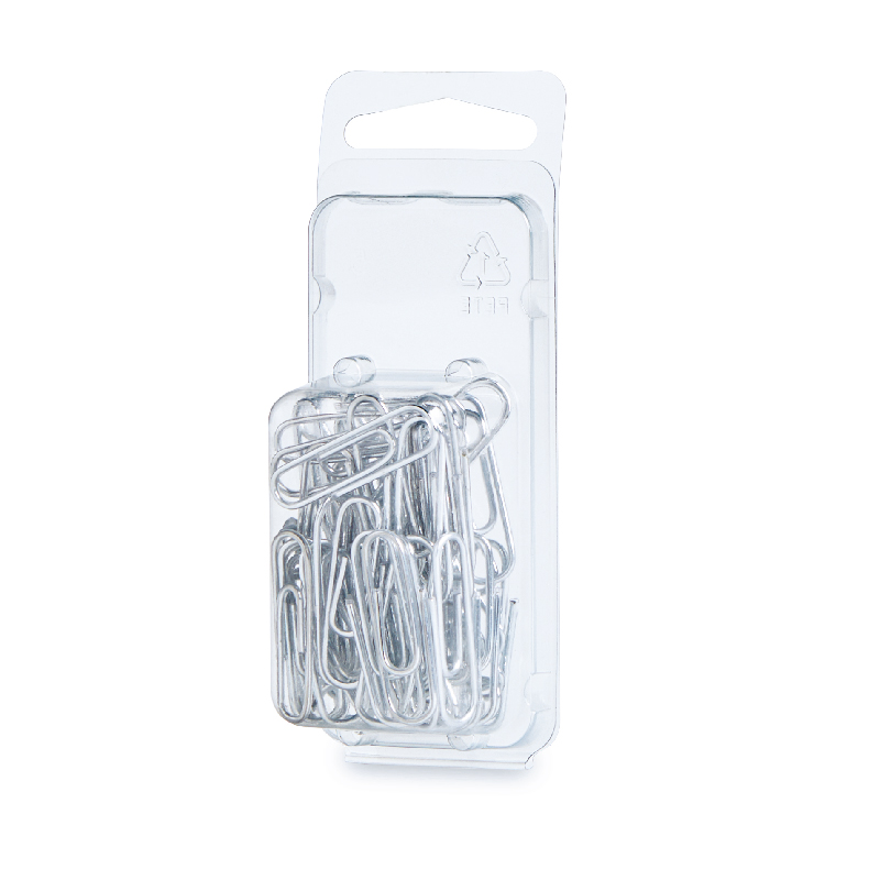 Pack of silver paper clips in clear plastic packaging