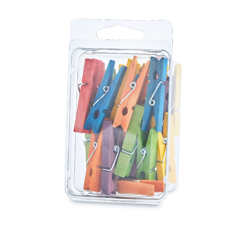 Colorful wooden clothespins in clear retail packaging