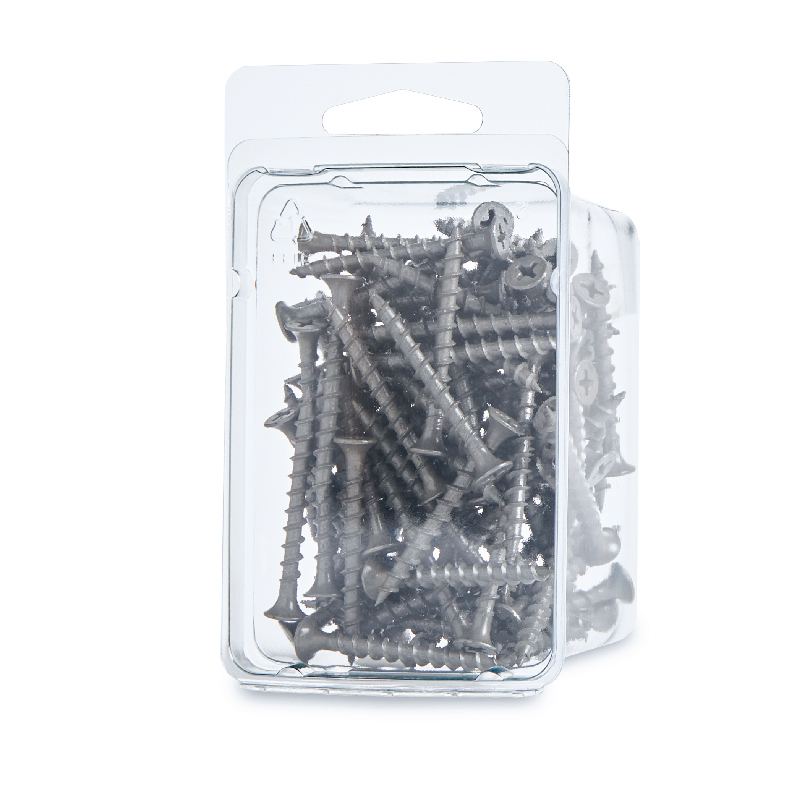 Package of assorted dark gray screws in clear plastic packaging
