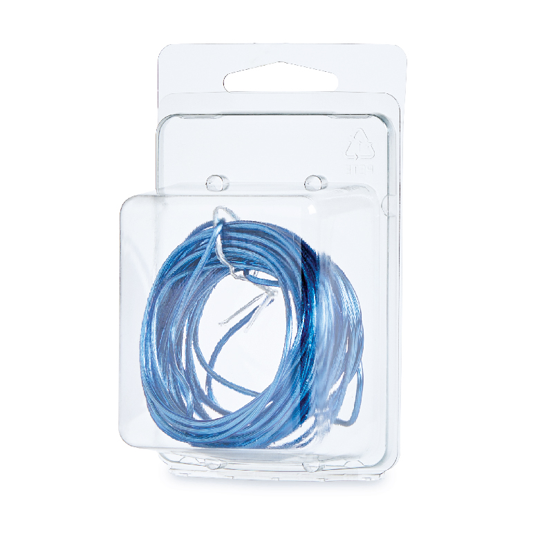 Coiled blue cable in clear plastic retail packaging