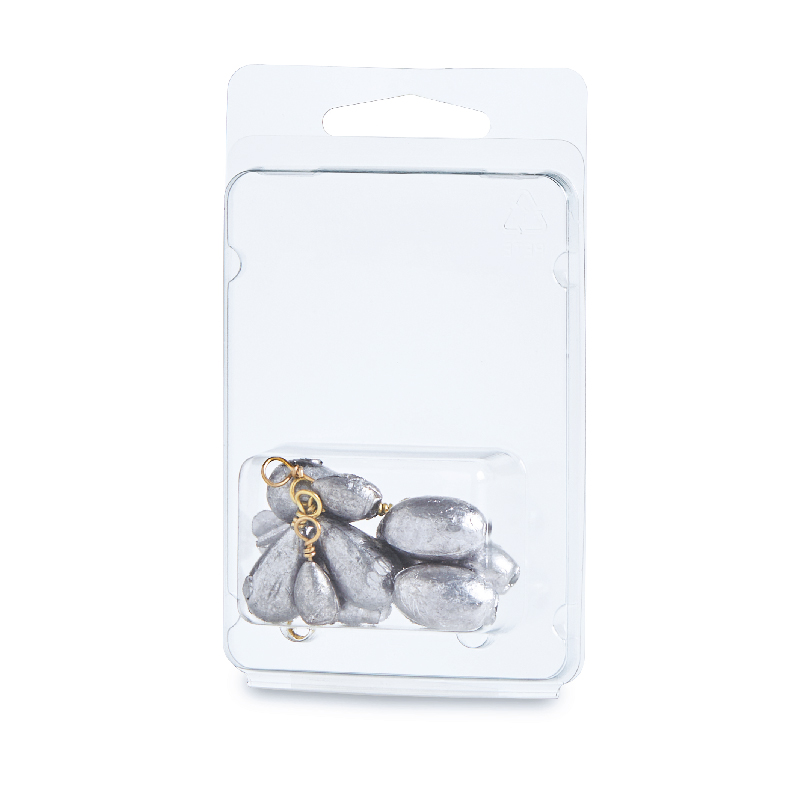 Packaged set of gray fishing weights with attached swivels
