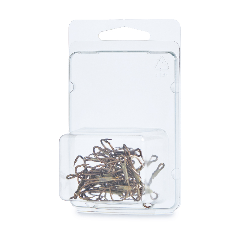 Clear plastic package containing a tangled bundle of metal hooks or clips