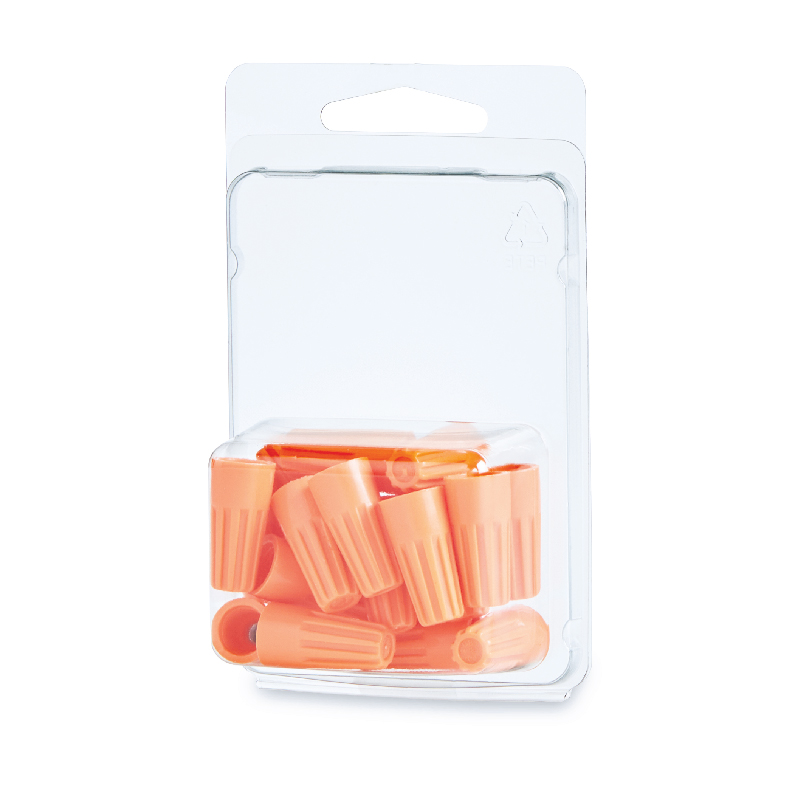 Package of orange ribbed wire connectors in clear plastic packaging