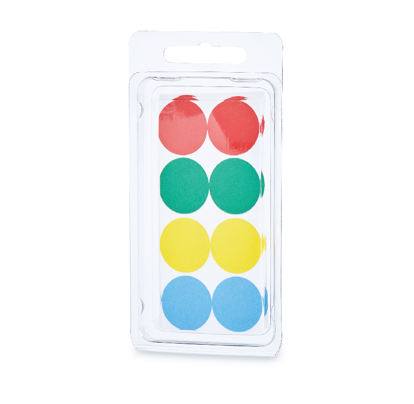 Pack of eight round stickers in red, green, yellow, and blue packaging