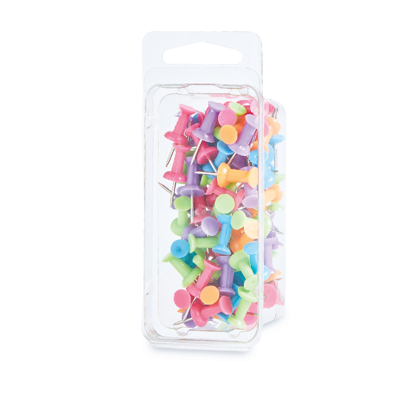 Assortment of colorful push pins in a clear plastic container