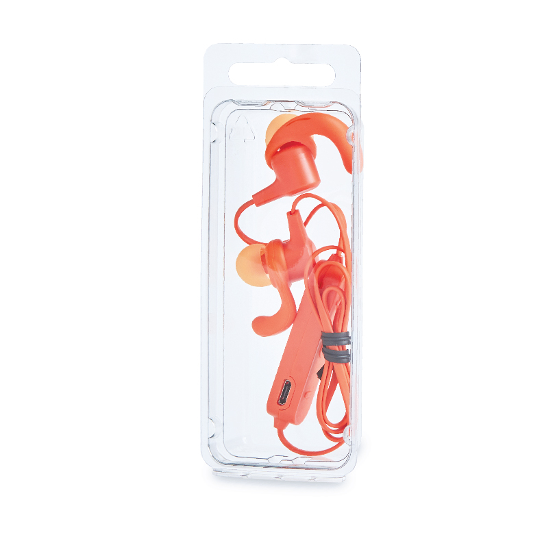 Orange wired earbuds with an inline microphone and control button in clear retail packaging