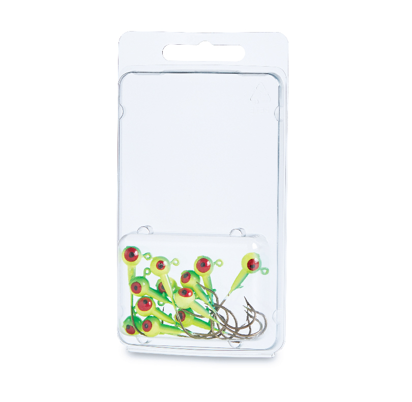 Package of green fishing jigs with red-and-yellow eyes and attached hooks