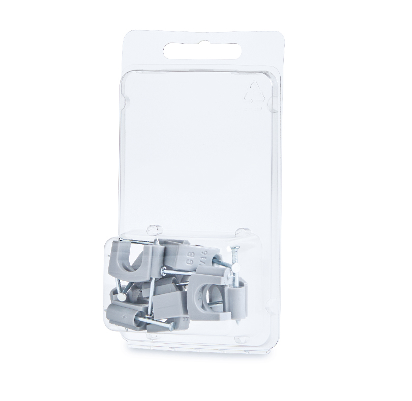 Gray metal clamps and screws in clear plastic retail packaging