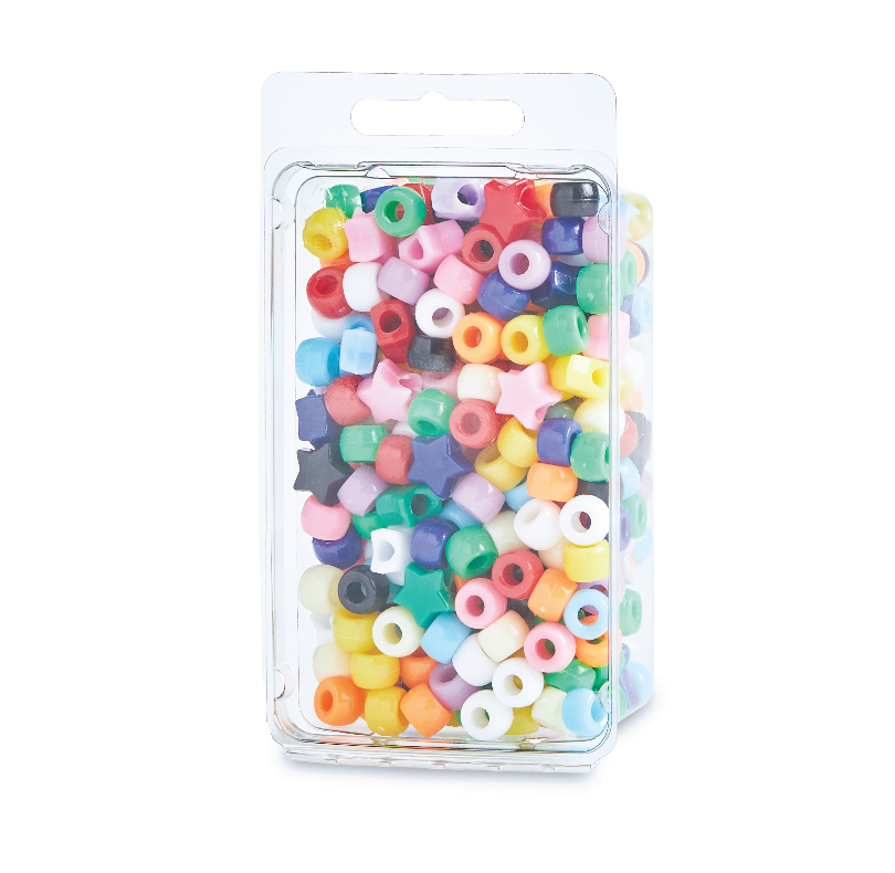 Clear package filled with colorful plastic beads in various shapes