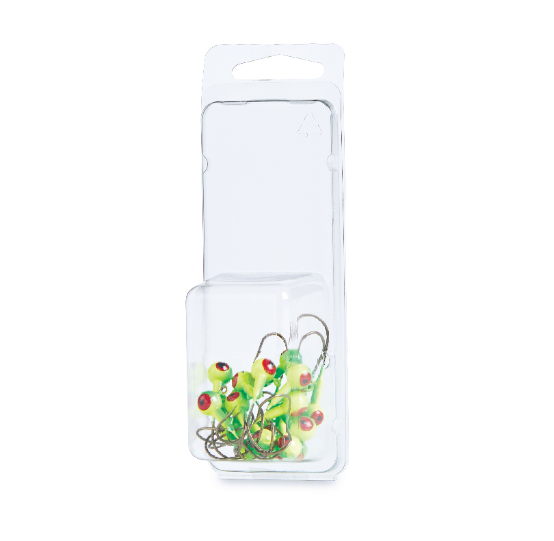 Packaged fishing hooks with green and red bead lures