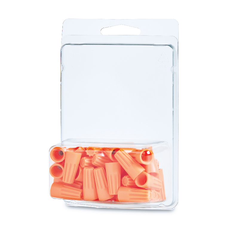 Orange wire connectors in clear plastic packaging