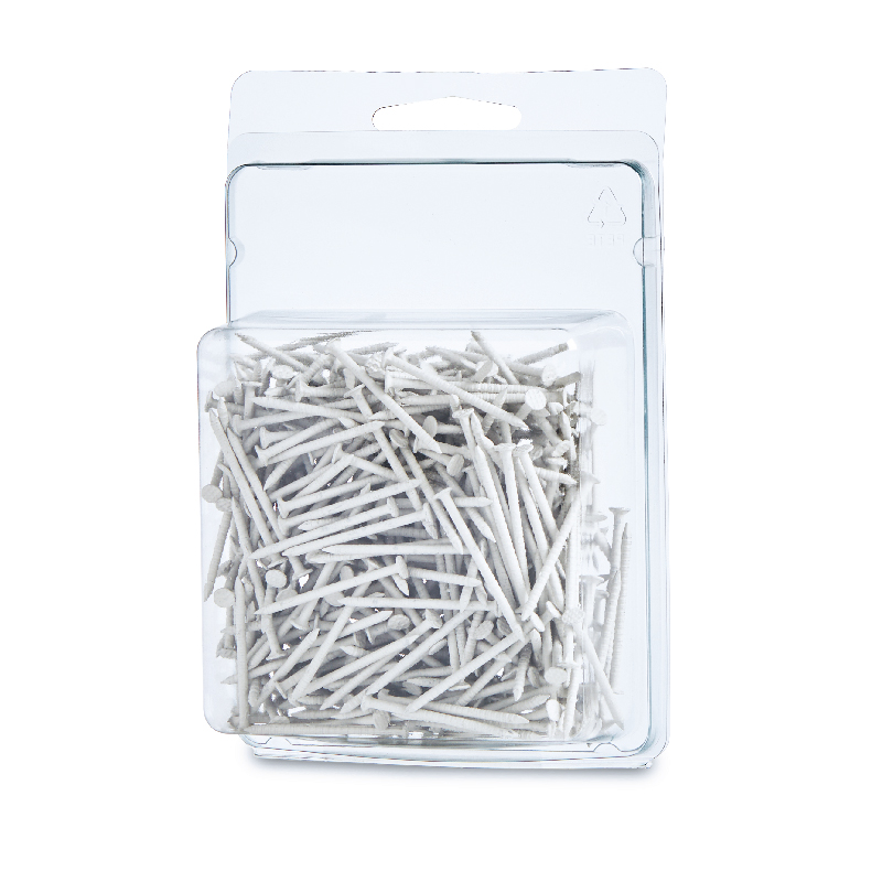 Clear plastic package filled with white nails