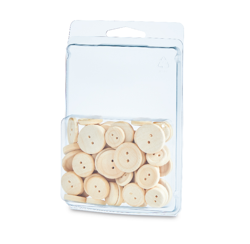 Clear package filled with assorted natural wood buttons