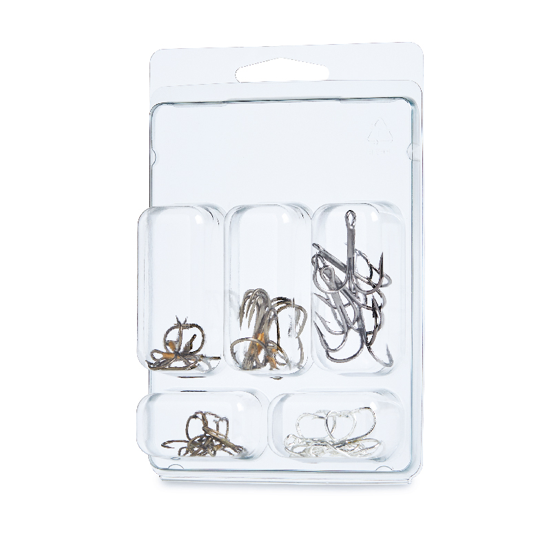 Packaged assortment of fishing hooks in five clear compartments