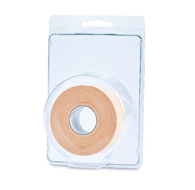 Roll of beige adhesive tape in clear plastic packaging
