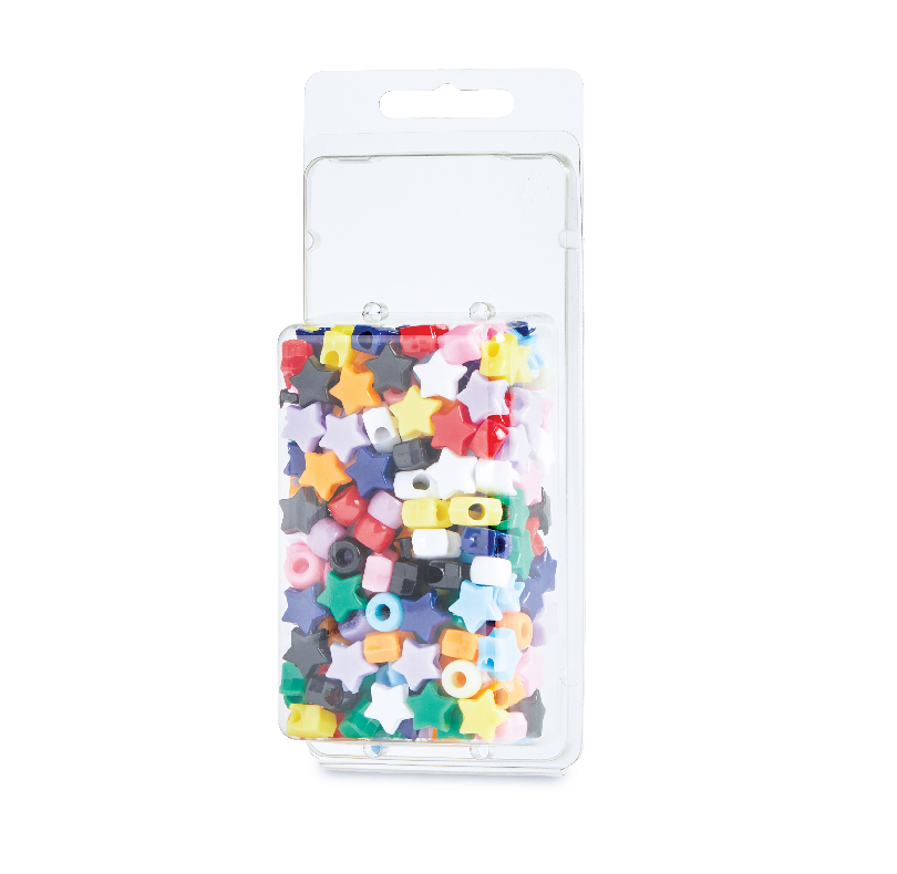 Clear package filled with colorful star-shaped and round craft beads