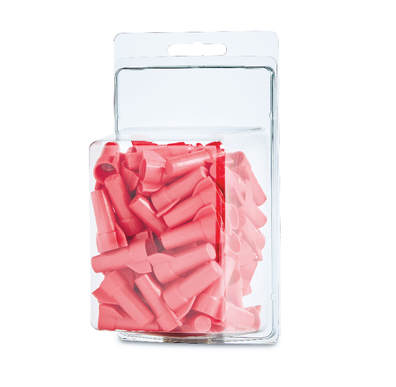 Clear plastic package filled with numerous pink cylindrical pieces