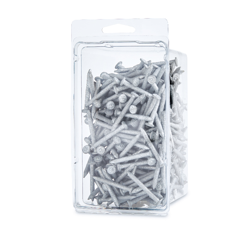 Clear plastic package filled with galvanized metal nails