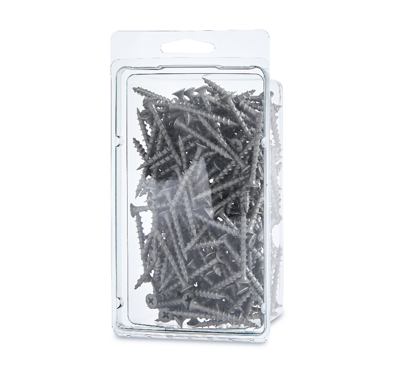 Clear plastic package filled with dark gray screws