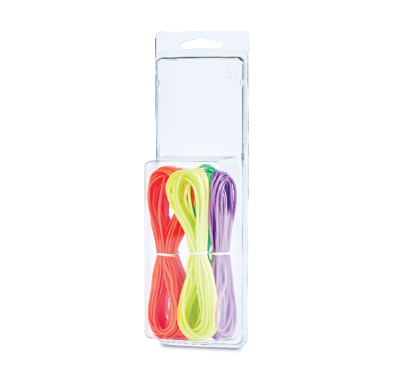 Pack of colorful cords in red, yellow-green, green, and purple packaging