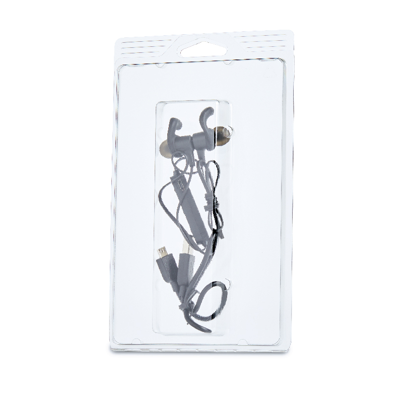 Black wired earphones with a microphone and charging cable in clear plastic packaging