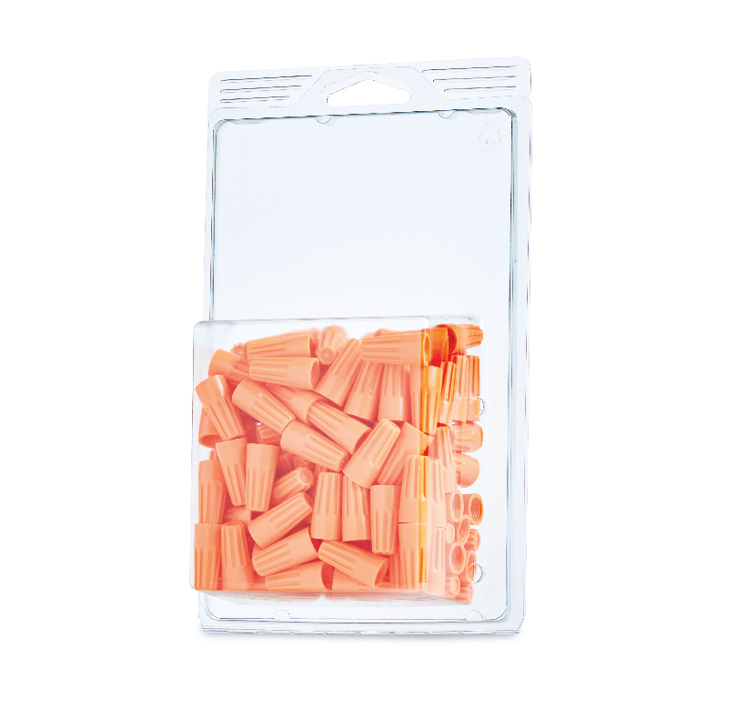 Package of orange twist-on wire connectors in clear plastic packaging