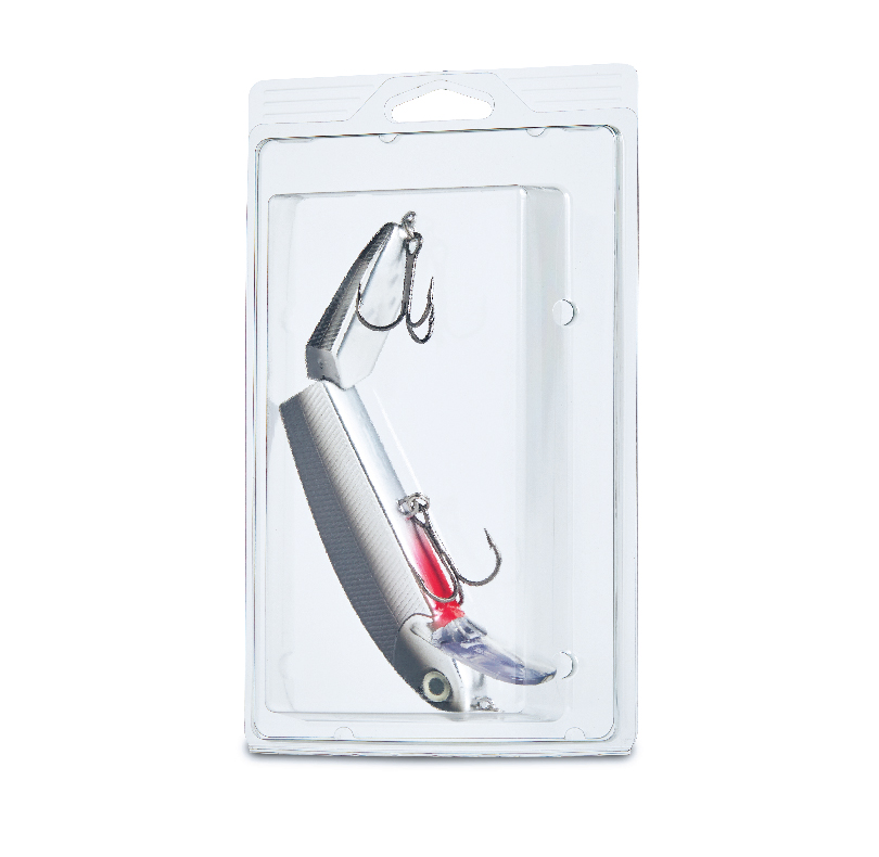Fishing lure with two treble hooks in clear plastic retail packaging