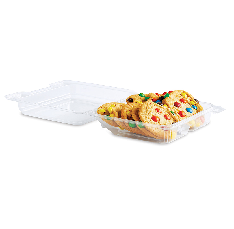 Clear plastic food container filled with colorful candy cookies, shown with the lid open