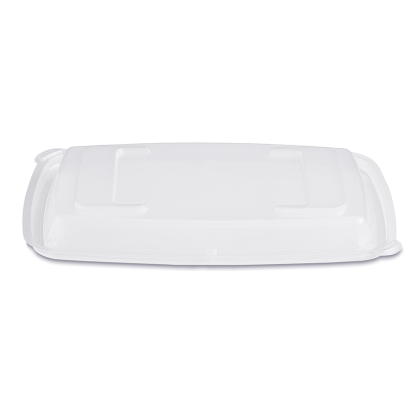 Clear rectangular plastic food container lid with raised edges and side handles