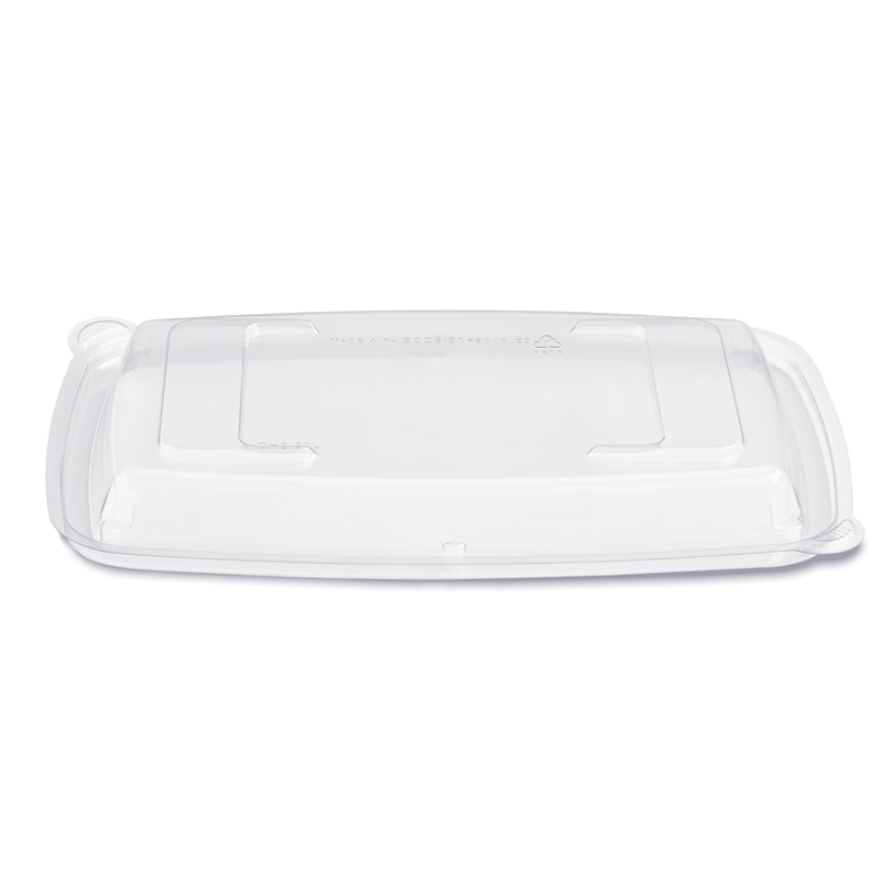 Clear rectangular plastic food storage container with snap-on lid