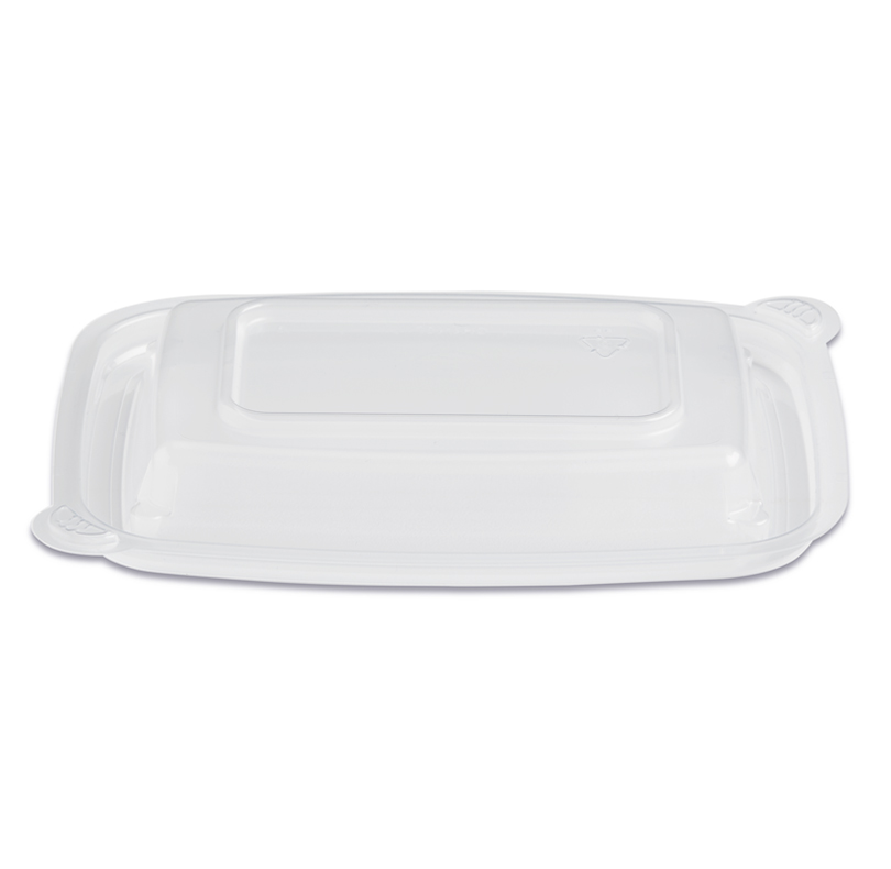 Clear rectangular plastic food storage container with lid