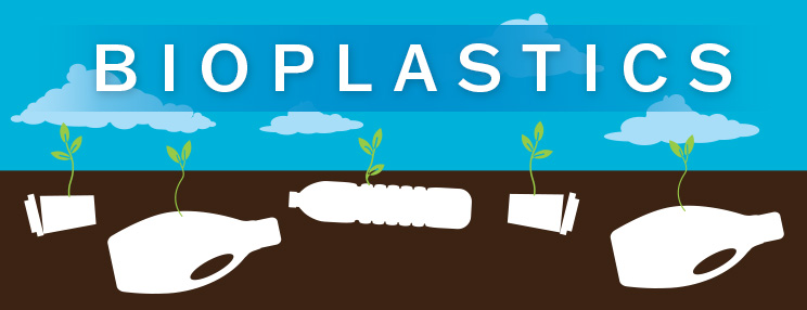 “BIOPLASTICS” above illustrations of green sprouts growing from white plastic products