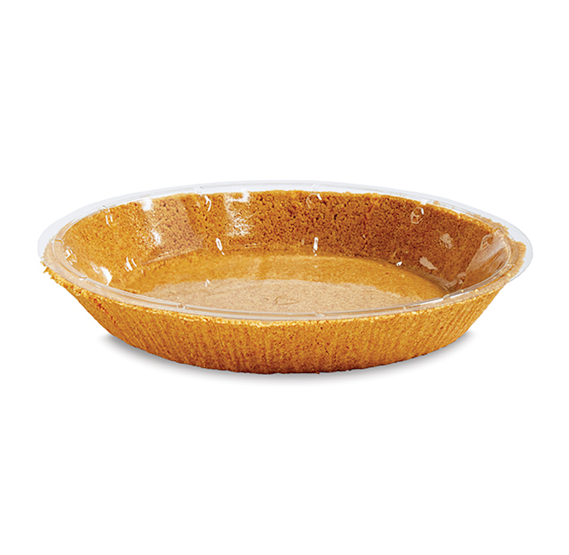 Graham cracker pie crust in a clear disposable pie pan