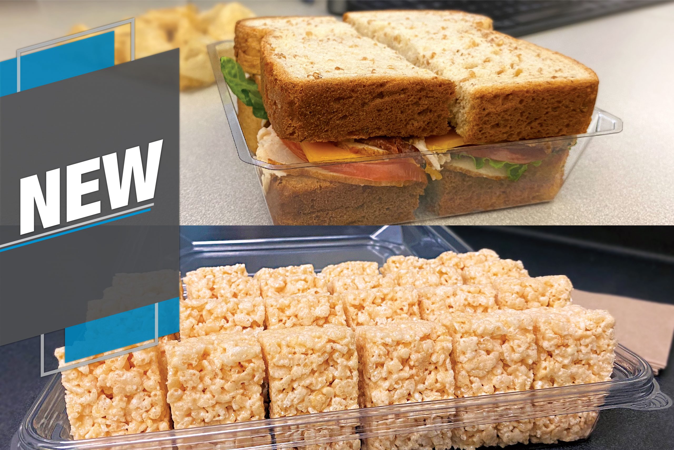 NEW sandwiches and crispy rice treats in display trays