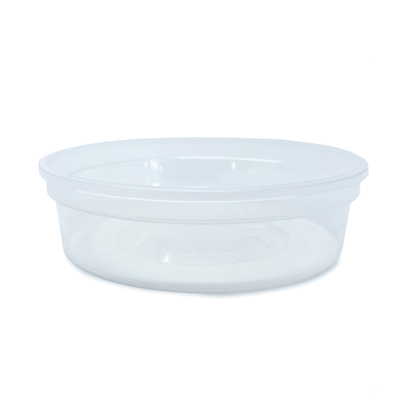 Clear, round plastic food storage container