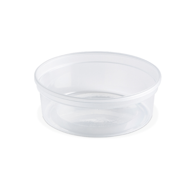 Clear plastic food storage container without a lid