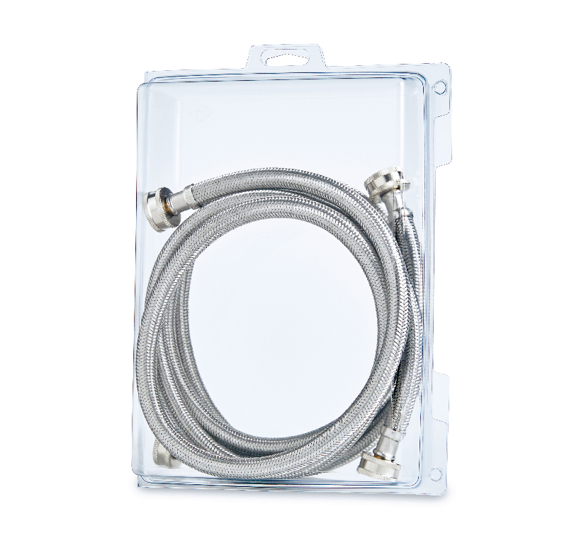 Coiled braided metal hose with threaded fittings in clear packaging